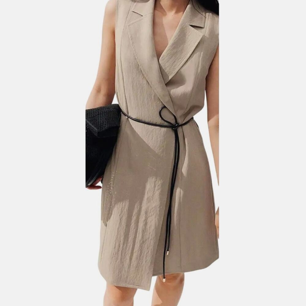 Quiet Luxury H&M Beige Sleeveless Tie Wrap Front Blazer Jacket Dress Size Small